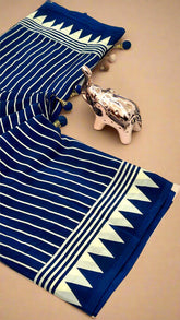Navy Blue and White Striped Contemporary Satin Crepe Modal Silk Saree